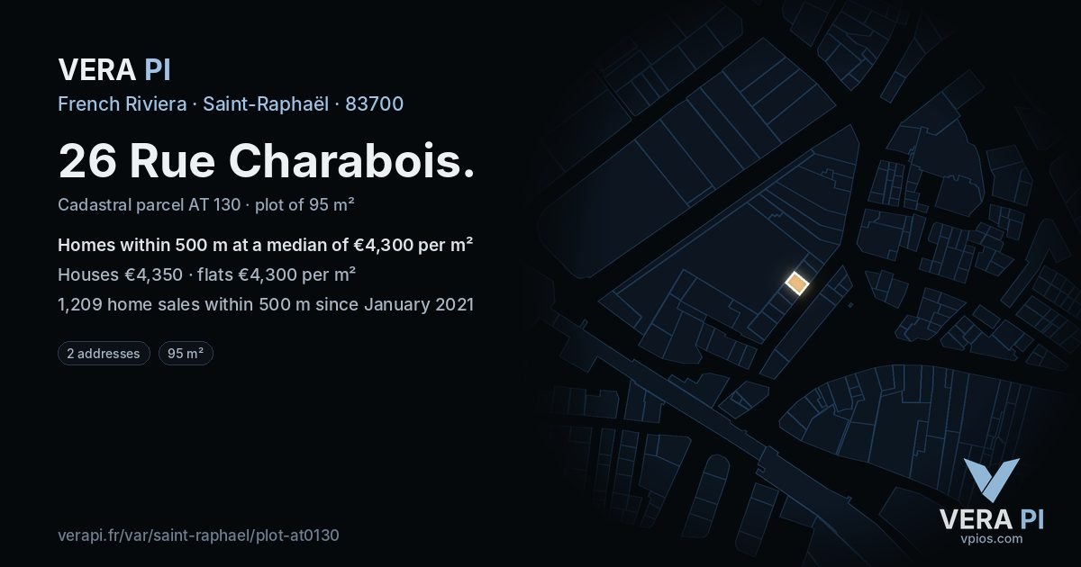 26 Rue Charabois, Saint-Raphaël at night – the plot lit, the parcels around coloured by the prices near them