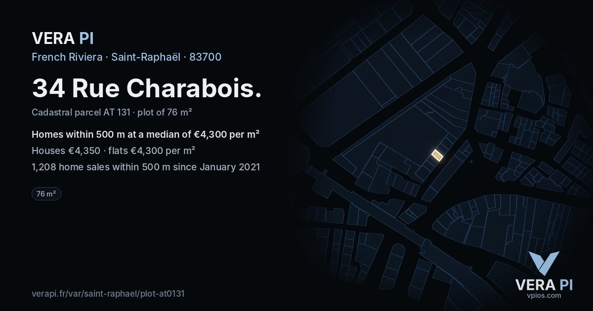 34 Rue Charabois, Saint-Raphaël at night – the plot lit, the parcels around coloured by the prices near them