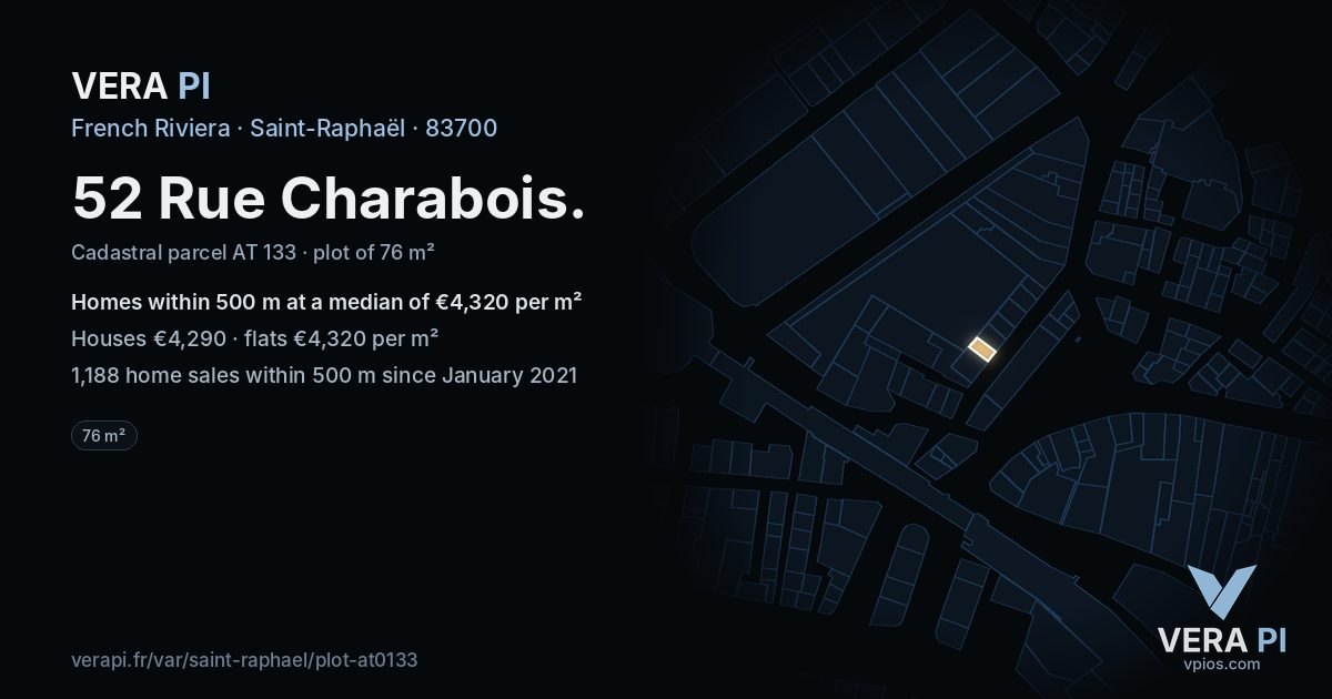 52 Rue Charabois, Saint-Raphaël at night – the plot lit, the parcels around coloured by the prices near them