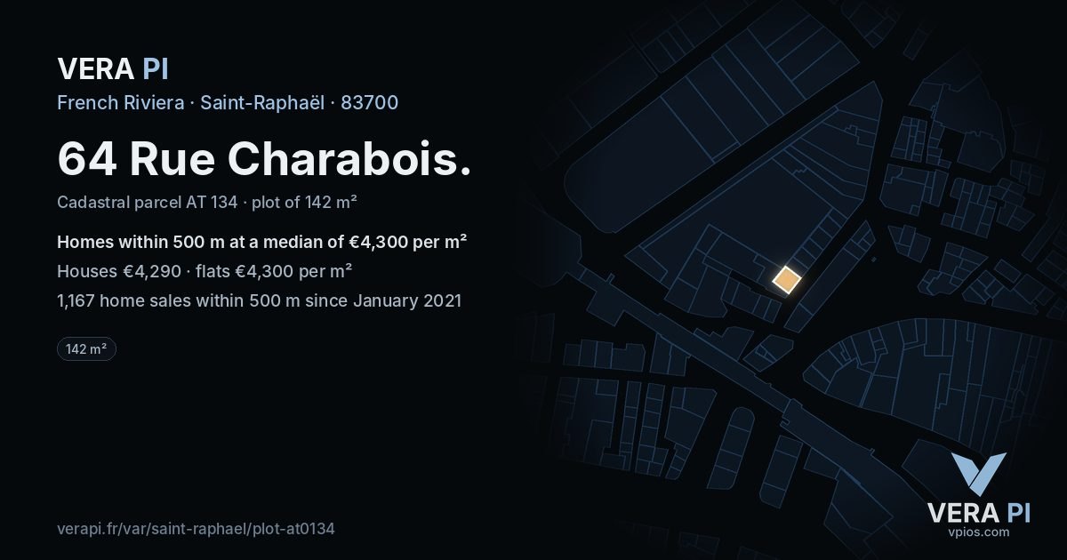 64 Rue Charabois, Saint-Raphaël at night – the plot lit, the parcels around coloured by the prices near them