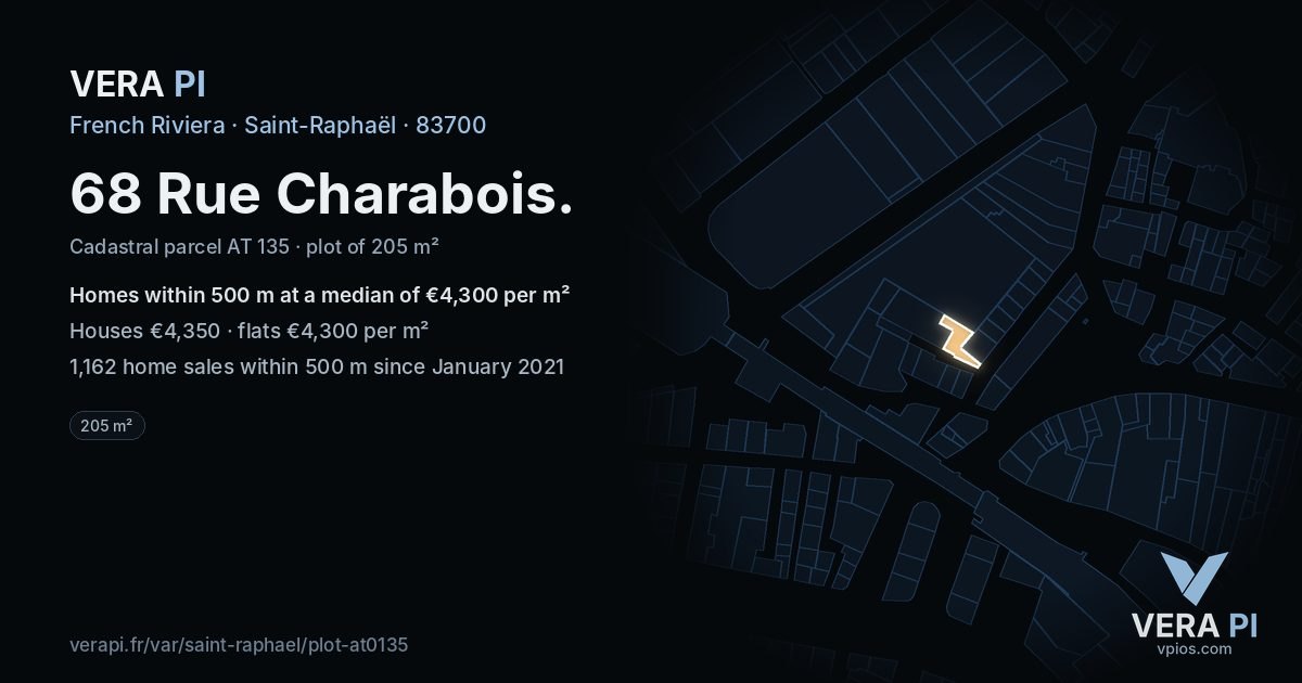 68 Rue Charabois, Saint-Raphaël at night – the plot lit, the parcels around coloured by the prices near them