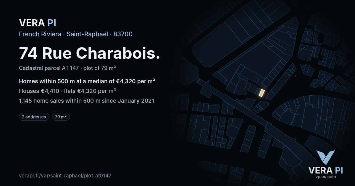 74 Rue Charabois, Saint-Raphaël at night – the plot lit, the parcels around coloured by the prices near them
