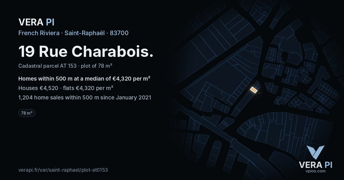 19 Rue Charabois, Saint-Raphaël at night – the plot lit, the parcels around coloured by the prices near them