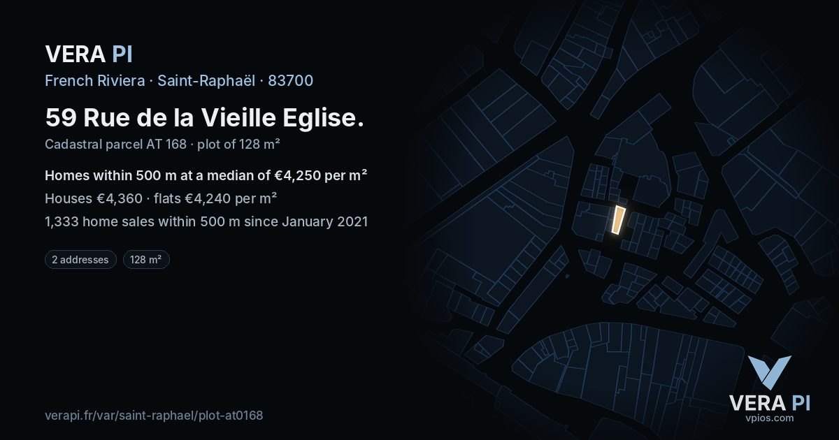 59 Rue de la Vieille Eglise, Saint-Raphaël at night – the plot lit, the parcels around coloured by the prices near them