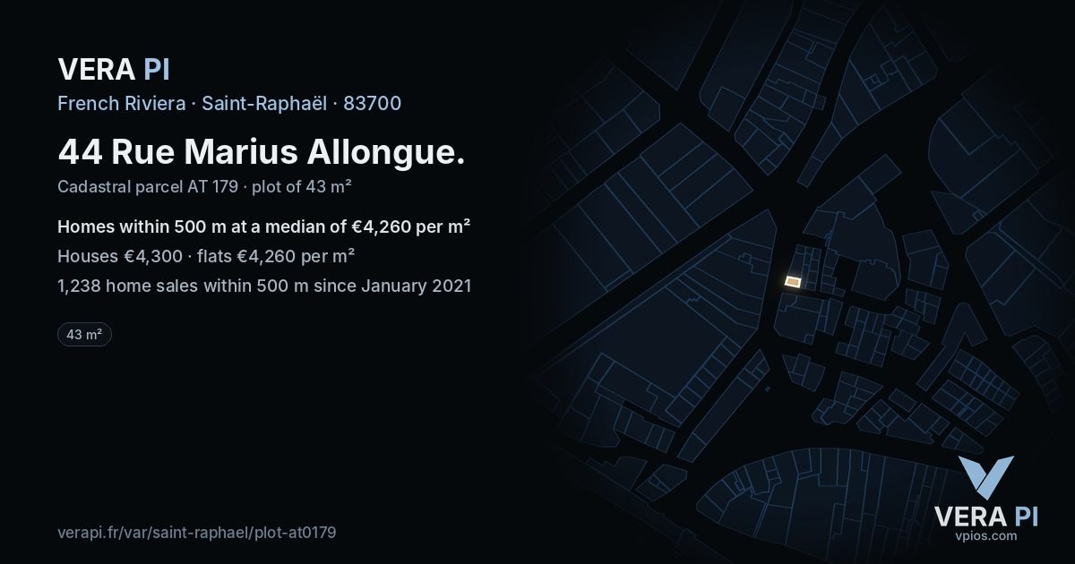 44 Rue Marius Allongue, Saint-Raphaël at night – the plot lit, the parcels around coloured by the prices near them
