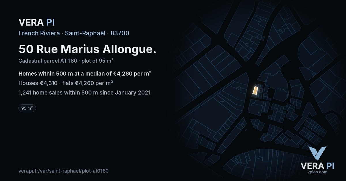 50 Rue Marius Allongue, Saint-Raphaël at night – the plot lit, the parcels around coloured by the prices near them