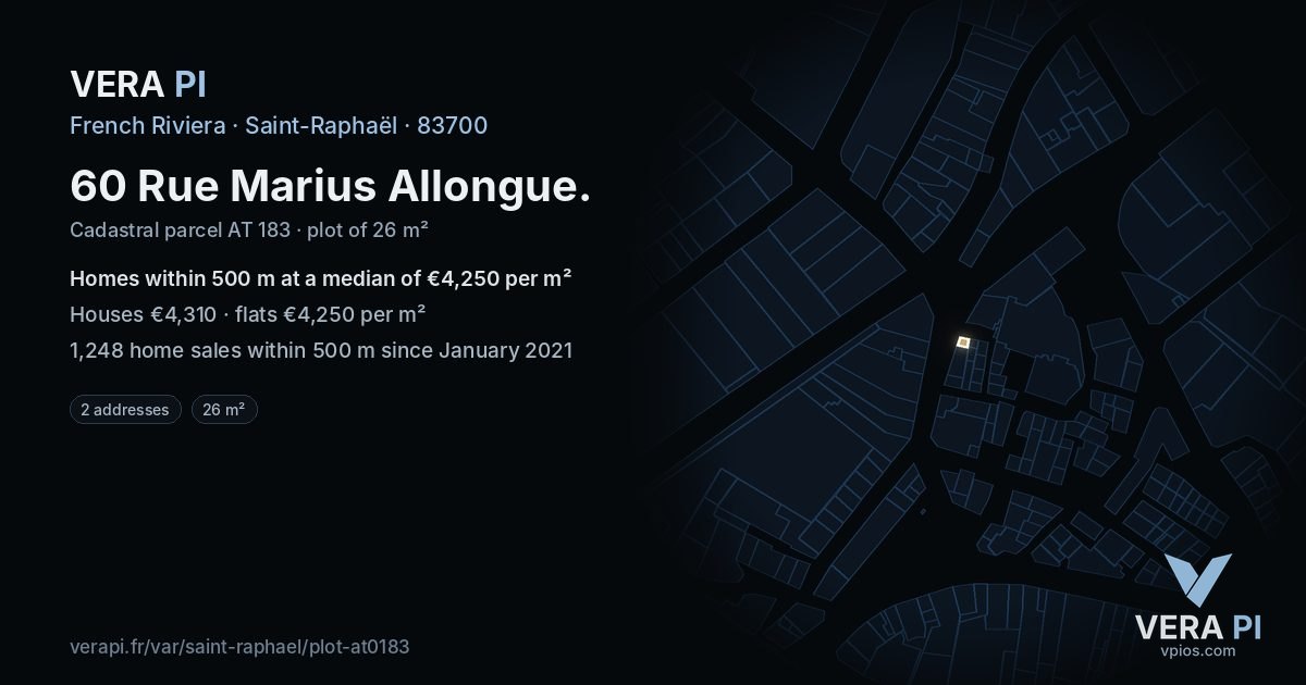 60 Rue Marius Allongue, Saint-Raphaël at night – the plot lit, the parcels around coloured by the prices near them