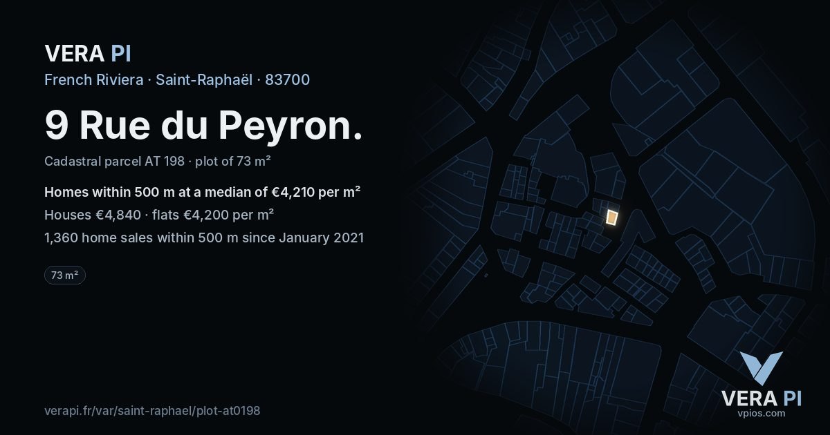 9 Rue du Peyron, Saint-Raphaël at night – the plot lit, the parcels around coloured by the prices near them