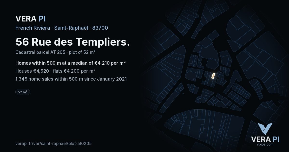 56 Rue des Templiers, Saint-Raphaël at night – the plot lit, the parcels around coloured by the prices near them