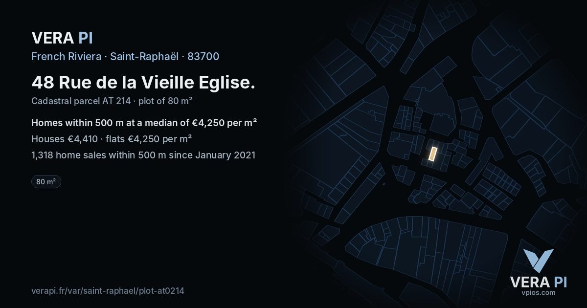 48 Rue de la Vieille Eglise, Saint-Raphaël at night – the plot lit, the parcels around coloured by the prices near them