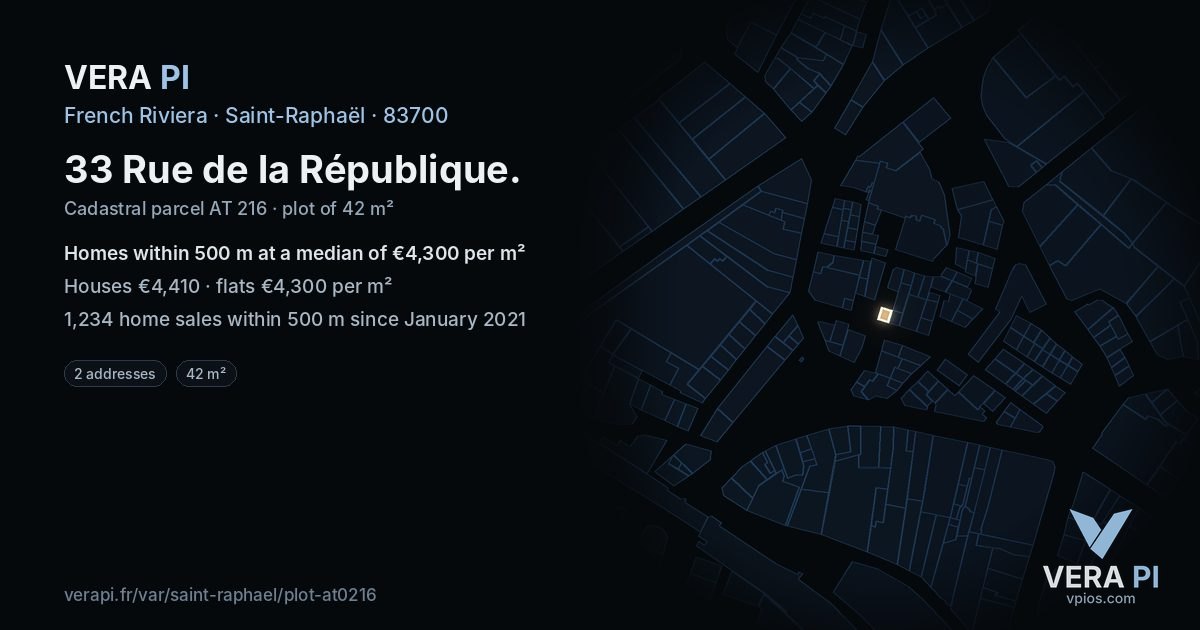 33 Rue de la République, Saint-Raphaël at night – the plot lit, the parcels around coloured by the prices near them