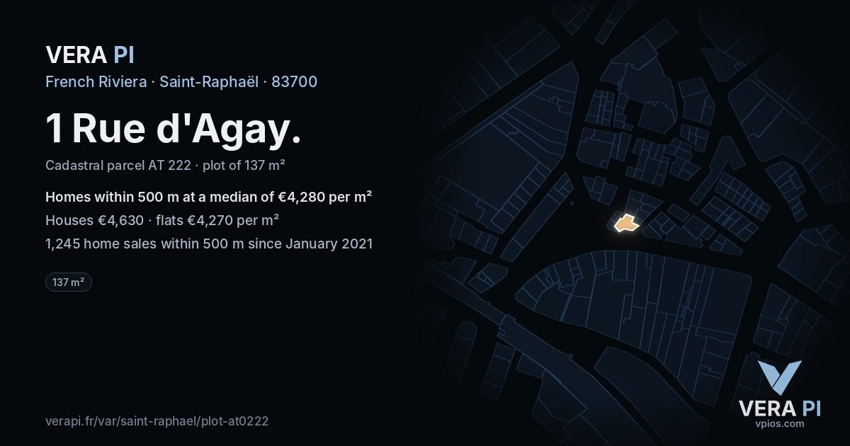 1 Rue d'Agay, Saint-Raphaël at night – the plot lit, the parcels around coloured by the prices near them