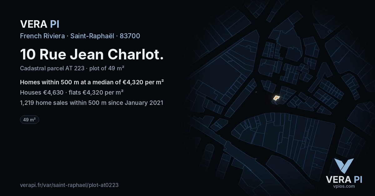 10 Rue Jean Charlot, Saint-Raphaël at night – the plot lit, the parcels around coloured by the prices near them
