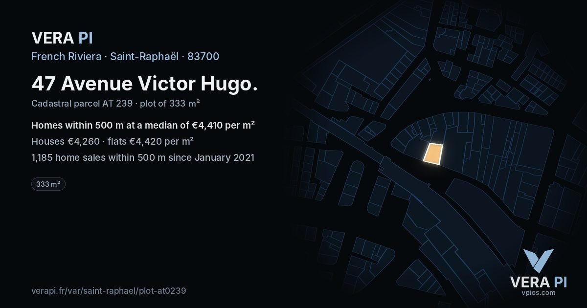 47 Avenue Victor Hugo, Saint-Raphaël at night – the plot lit, the parcels around coloured by the prices near them