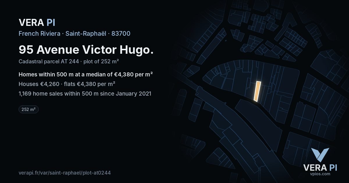 95 Avenue Victor Hugo, Saint-Raphaël at night – the plot lit, the parcels around coloured by the prices near them