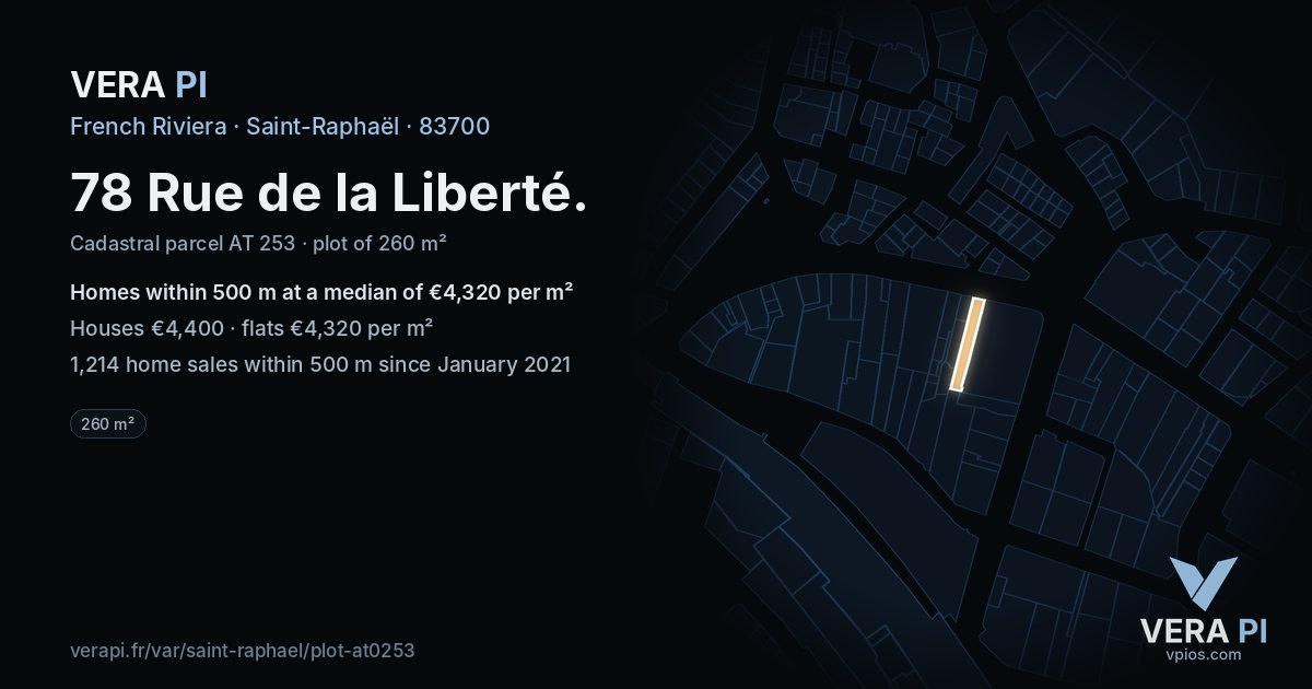 78 Rue de la Liberté, Saint-Raphaël at night – the plot lit, the parcels around coloured by the prices near them