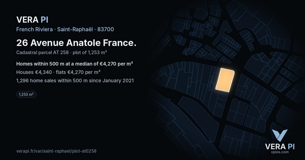 26 Avenue Anatole France, Saint-Raphaël at night – the plot lit, the parcels around coloured by the prices near them