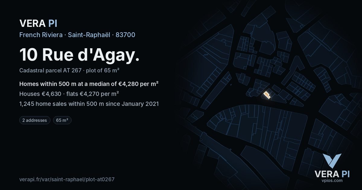 10 Rue d'Agay, Saint-Raphaël at night – the plot lit, the parcels around coloured by the prices near them