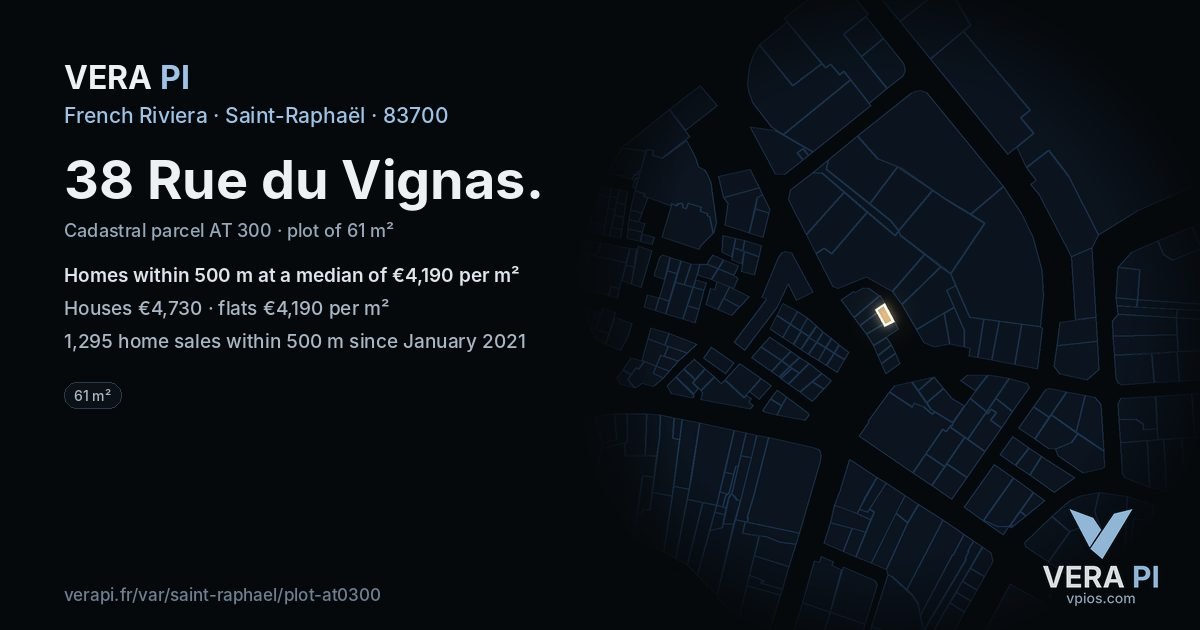 38 Rue du Vignas, Saint-Raphaël at night – the plot lit, the parcels around coloured by the prices near them