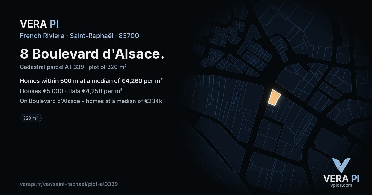 8 Boulevard d'Alsace, Saint-Raphaël at night – the plot lit, the parcels around coloured by the prices near them