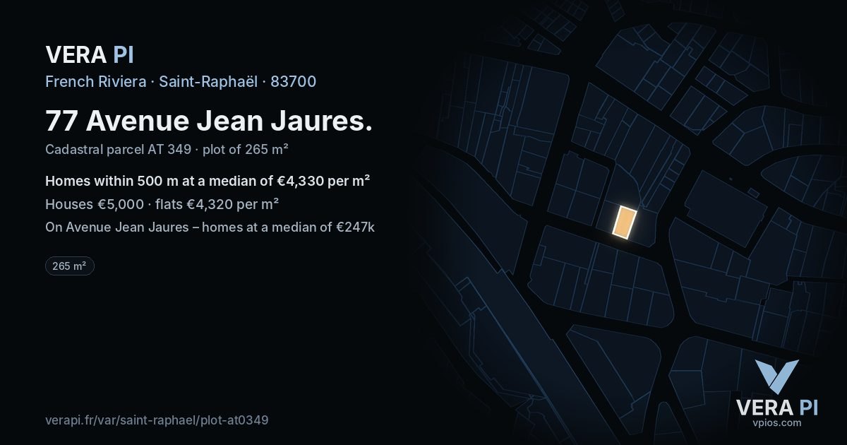 77 Avenue Jean Jaures, Saint-Raphaël at night – the plot lit, the parcels around coloured by the prices near them