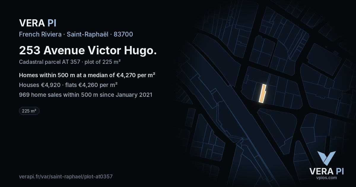 253 Avenue Victor Hugo, Saint-Raphaël at night – the plot lit, the parcels around coloured by the prices near them