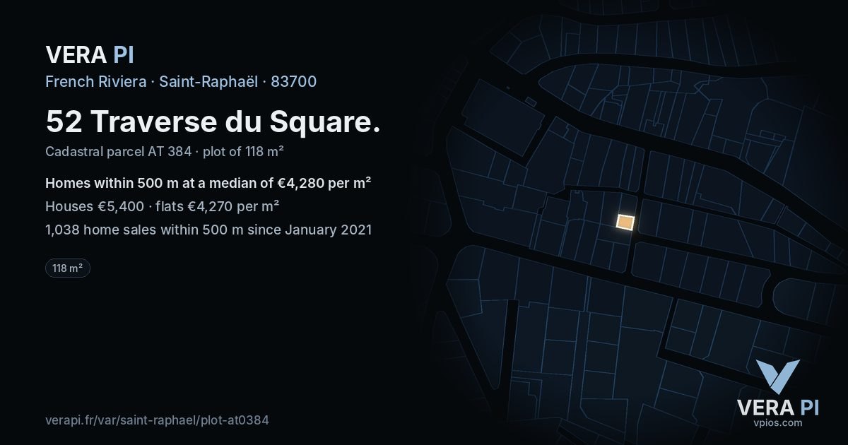 52 Traverse du Square, Saint-Raphaël at night – the plot lit, the parcels around coloured by the prices near them