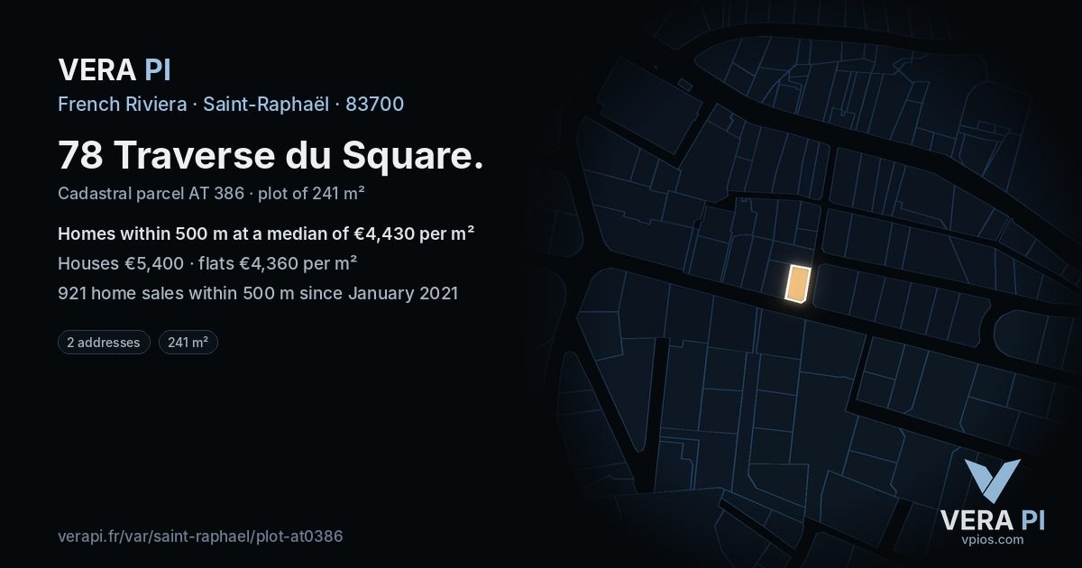 78 Traverse du Square, Saint-Raphaël at night – the plot lit, the parcels around coloured by the prices near them