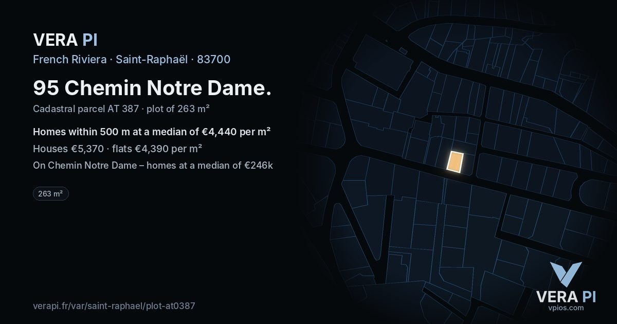 95 Chemin Notre Dame, Saint-Raphaël at night – the plot lit, the parcels around coloured by the prices near them