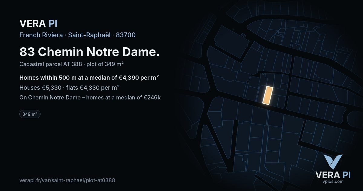 83 Chemin Notre Dame, Saint-Raphaël at night – the plot lit, the parcels around coloured by the prices near them
