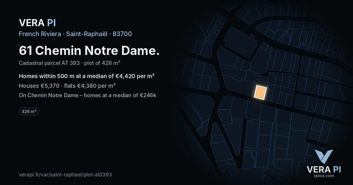 61 Chemin Notre Dame, Saint-Raphaël at night – the plot lit, the parcels around coloured by the prices near them