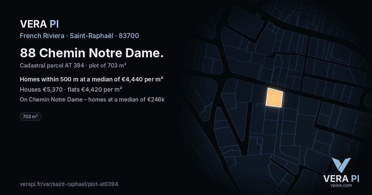 88 Chemin Notre Dame, Saint-Raphaël at night – the plot lit, the parcels around coloured by the prices near them