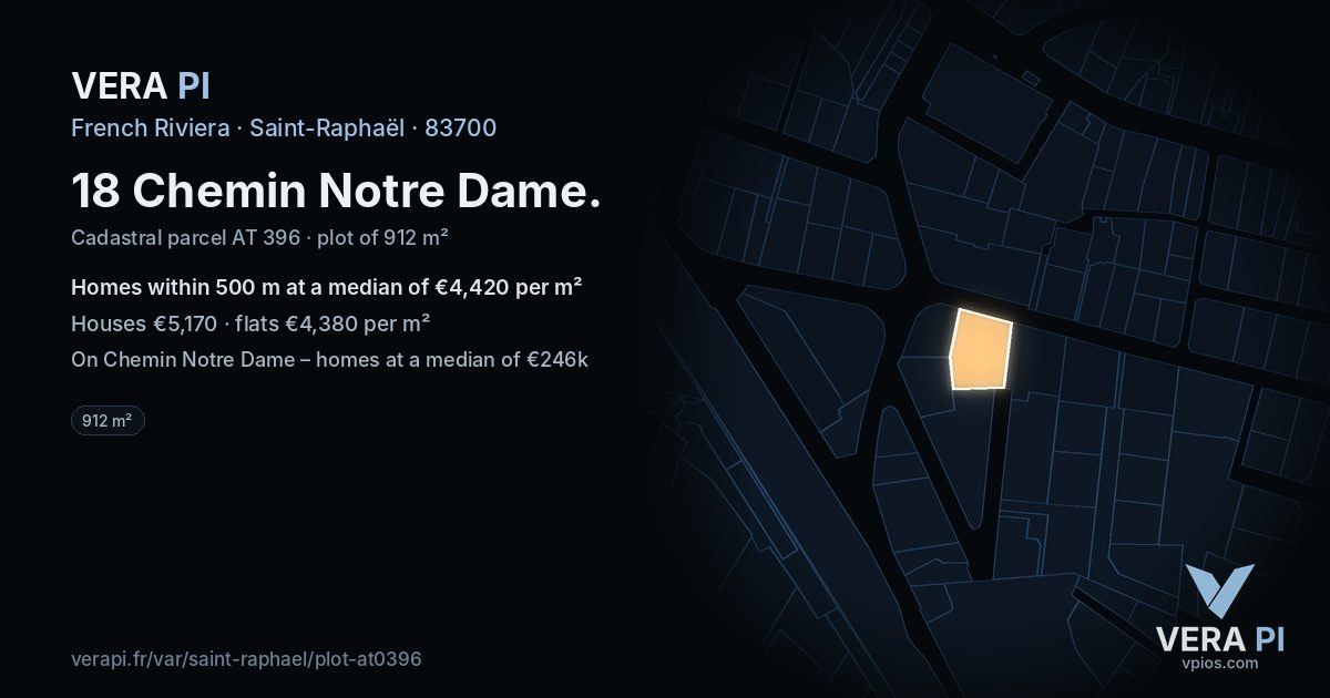 18 Chemin Notre Dame, Saint-Raphaël at night – the plot lit, the parcels around coloured by the prices near them