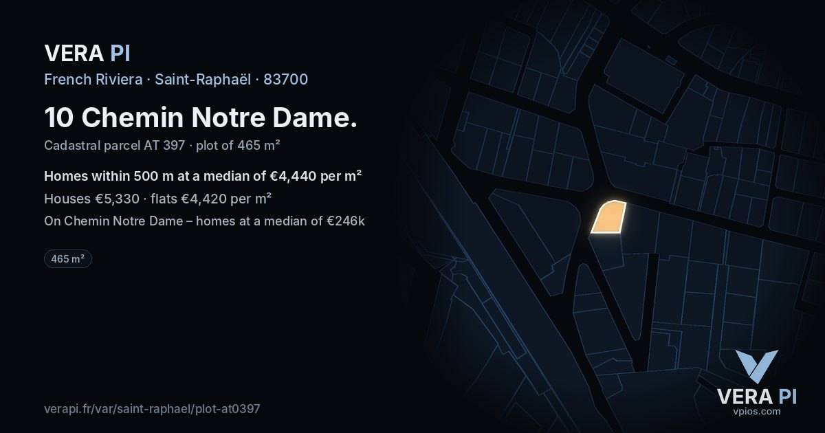 10 Chemin Notre Dame, Saint-Raphaël at night – the plot lit, the parcels around coloured by the prices near them