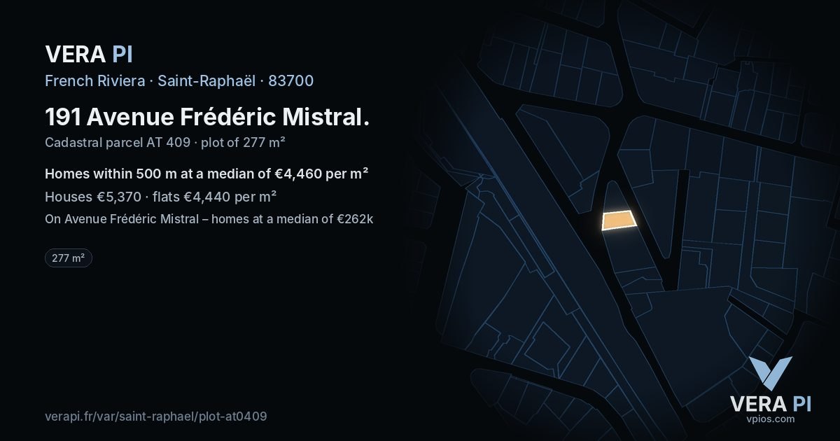 191 Avenue Frédéric Mistral, Saint-Raphaël at night – the plot lit, the parcels around coloured by the prices near them