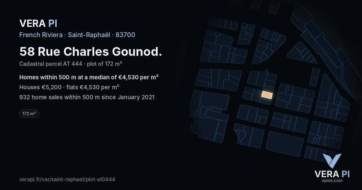 58 Rue Charles Gounod, Saint-Raphaël at night – the plot lit, the parcels around coloured by the prices near them