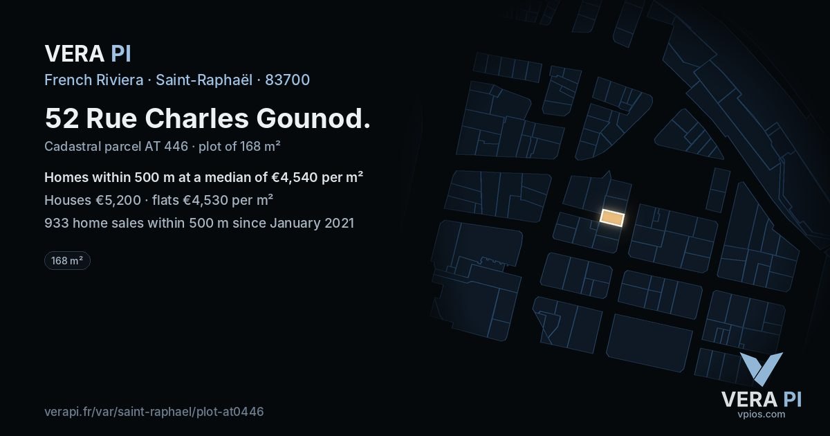 52 Rue Charles Gounod, Saint-Raphaël at night – the plot lit, the parcels around coloured by the prices near them