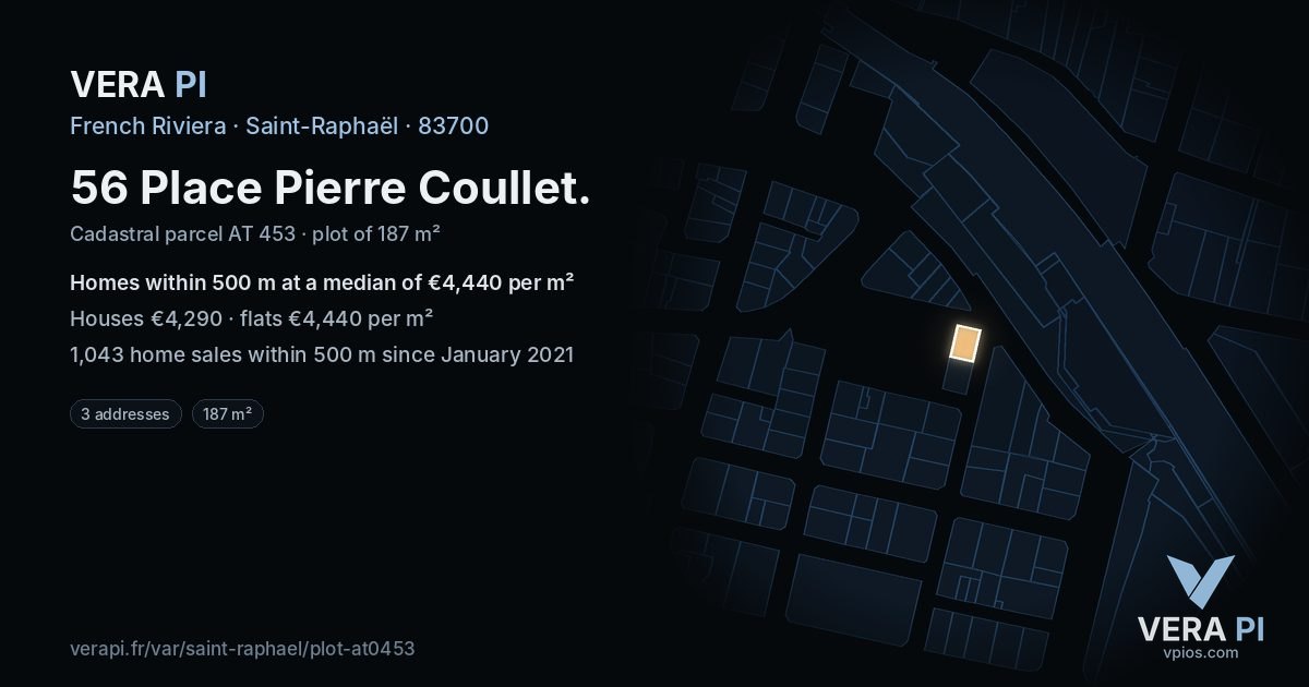 56 Place Pierre Coullet, Saint-Raphaël at night – the plot lit, the parcels around coloured by the prices near them