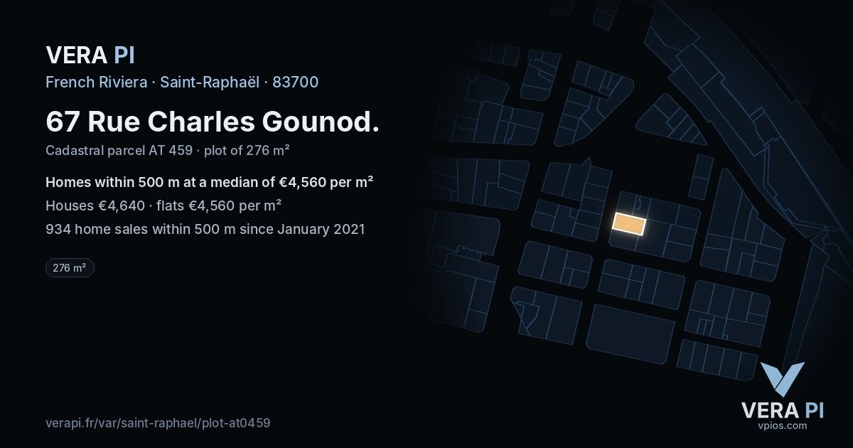 67 Rue Charles Gounod, Saint-Raphaël at night – the plot lit, the parcels around coloured by the prices near them