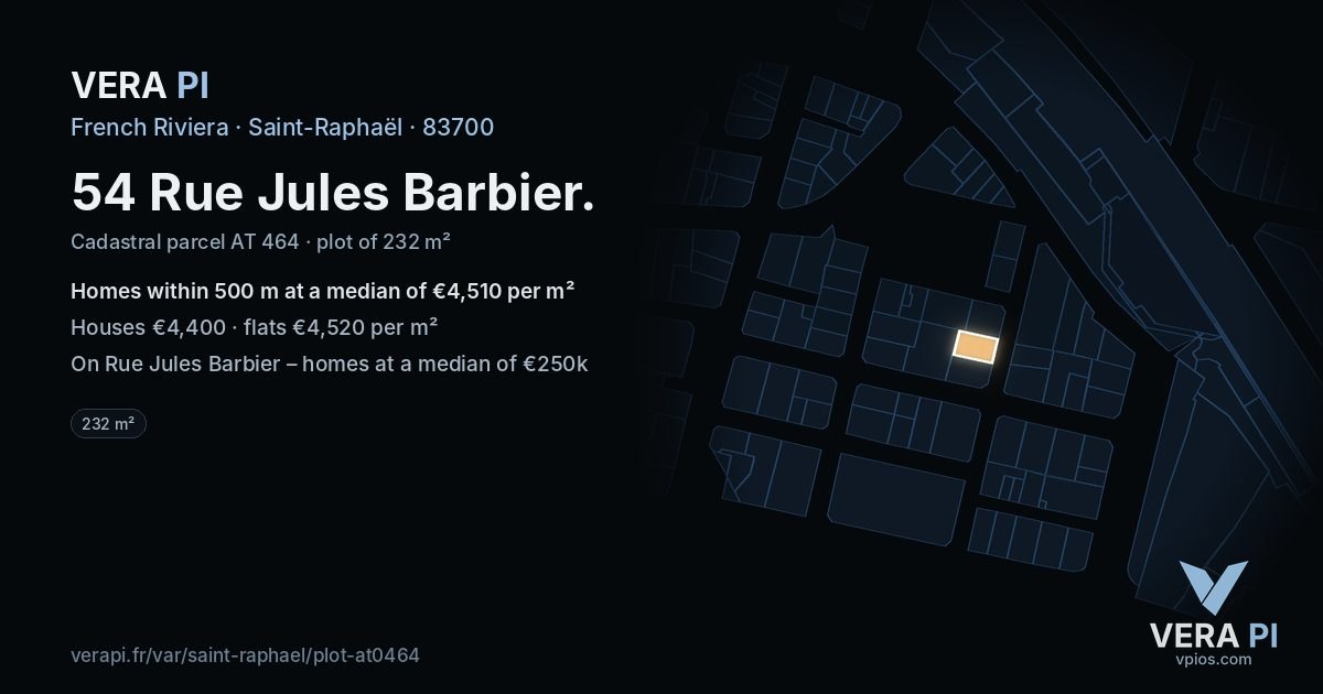 54 Rue Jules Barbier, Saint-Raphaël at night – the plot lit, the parcels around coloured by the prices near them