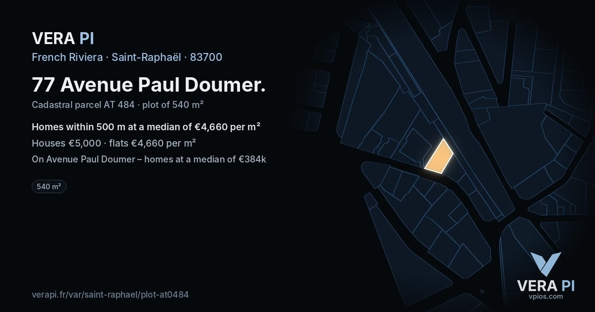 77 Avenue Paul Doumer, Saint-Raphaël at night – the plot lit, the parcels around coloured by the prices near them