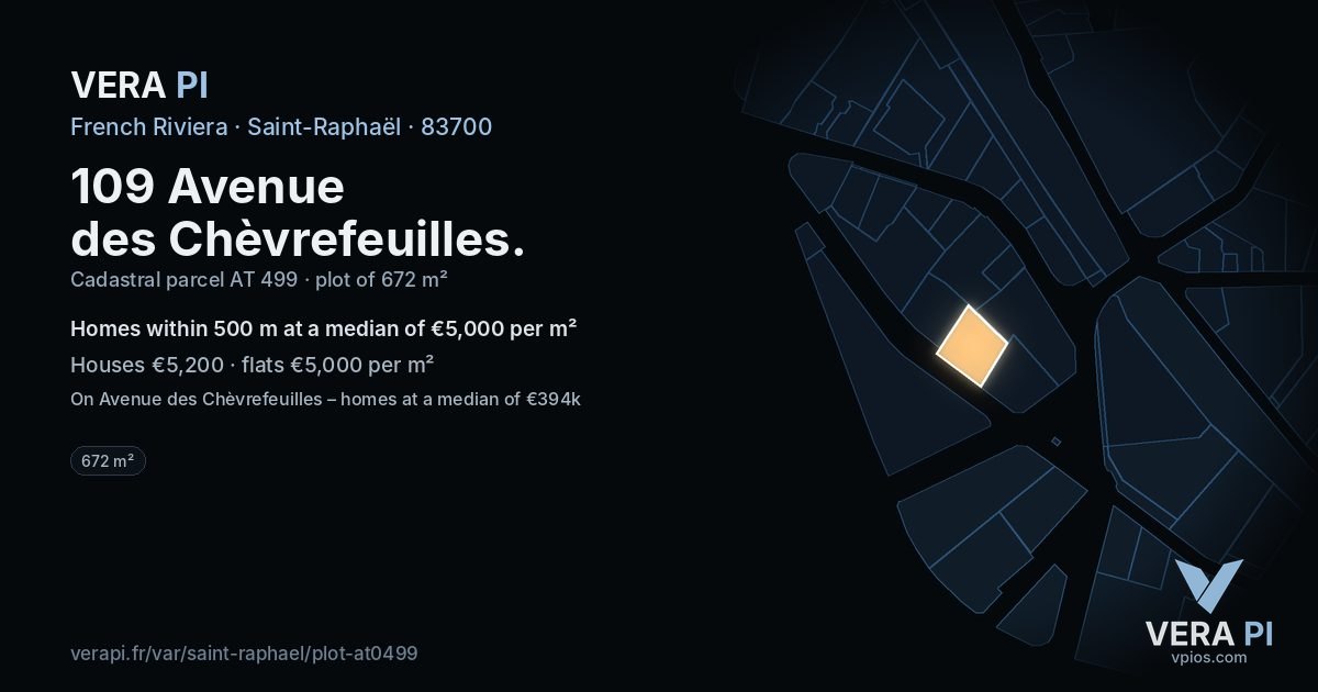 109 Avenue des Chèvrefeuilles, Saint-Raphaël at night – the plot lit, the parcels around coloured by the prices near them
