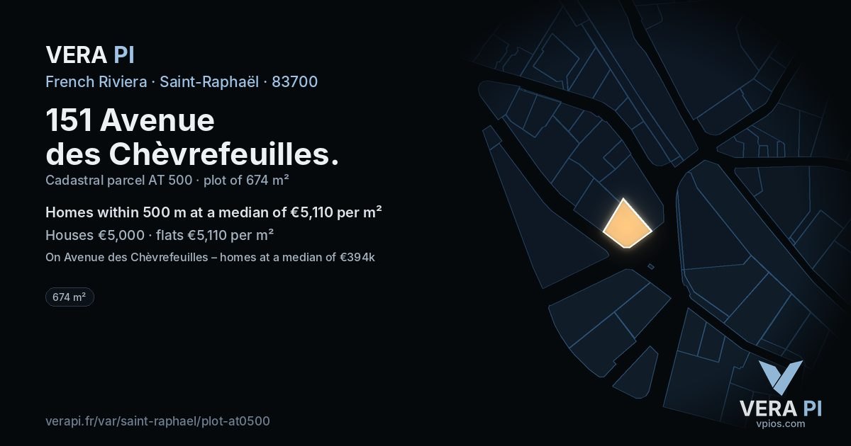 151 Avenue des Chèvrefeuilles, Saint-Raphaël at night – the plot lit, the parcels around coloured by the prices near them