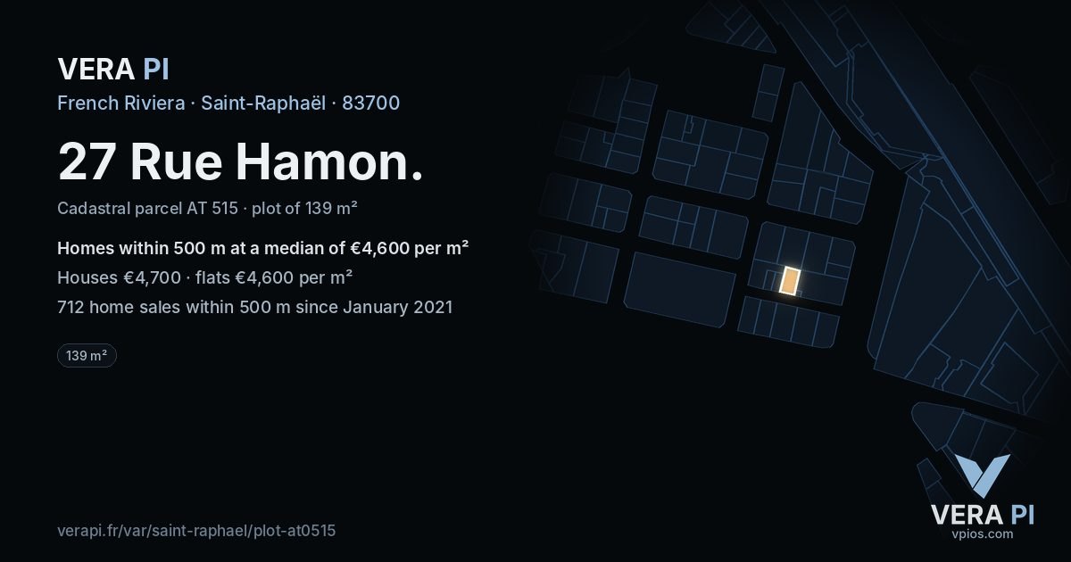 27 Rue Hamon, Saint-Raphaël at night – the plot lit, the parcels around coloured by the prices near them