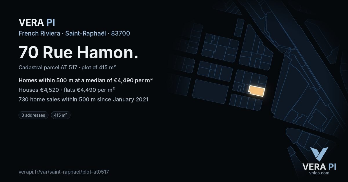 70 Rue Hamon, Saint-Raphaël at night – the plot lit, the parcels around coloured by the prices near them
