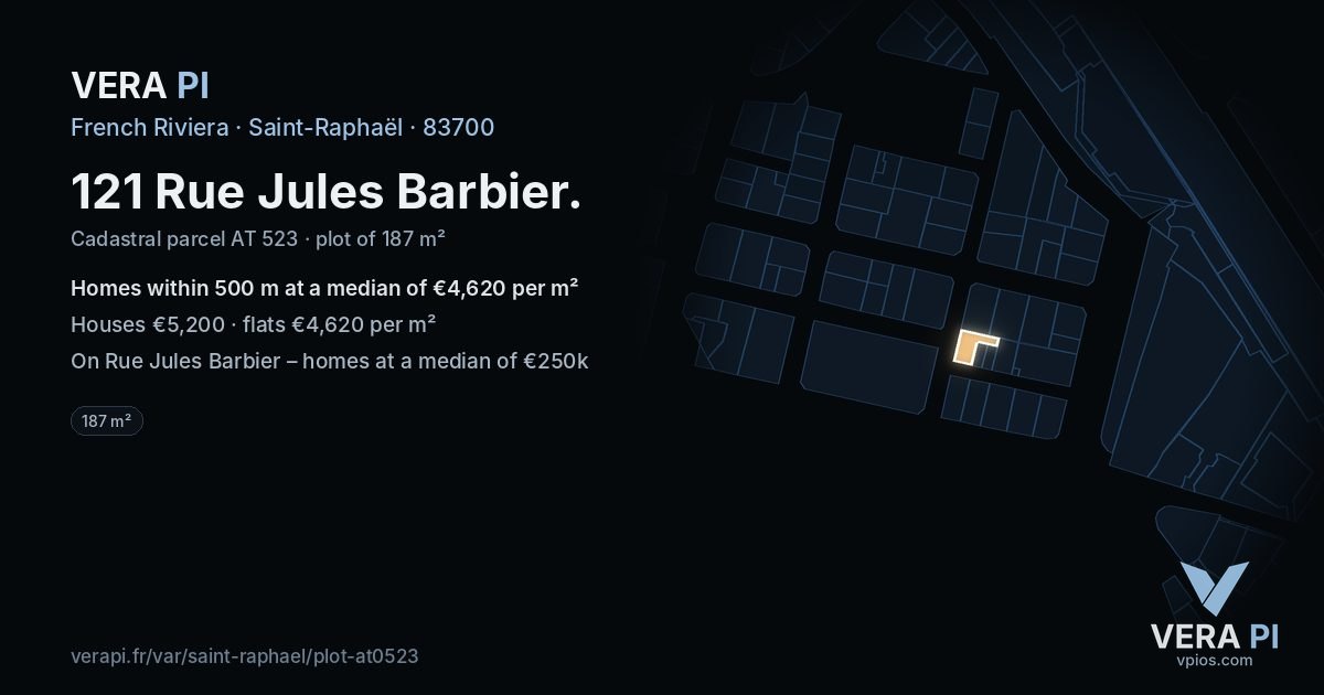 121 Rue Jules Barbier, Saint-Raphaël at night – the plot lit, the parcels around coloured by the prices near them