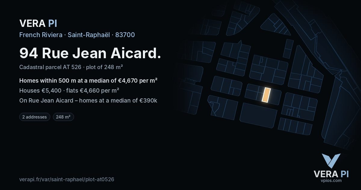 94 Rue Jean Aicard, Saint-Raphaël at night – the plot lit, the parcels around coloured by the prices near them