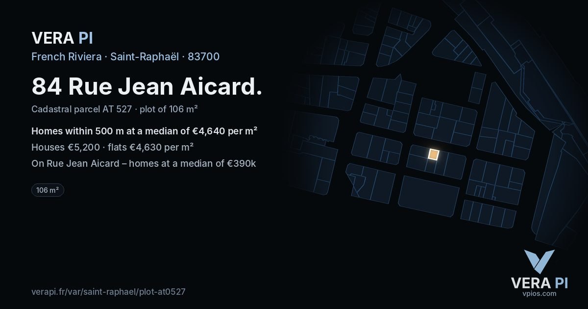 84 Rue Jean Aicard, Saint-Raphaël at night – the plot lit, the parcels around coloured by the prices near them