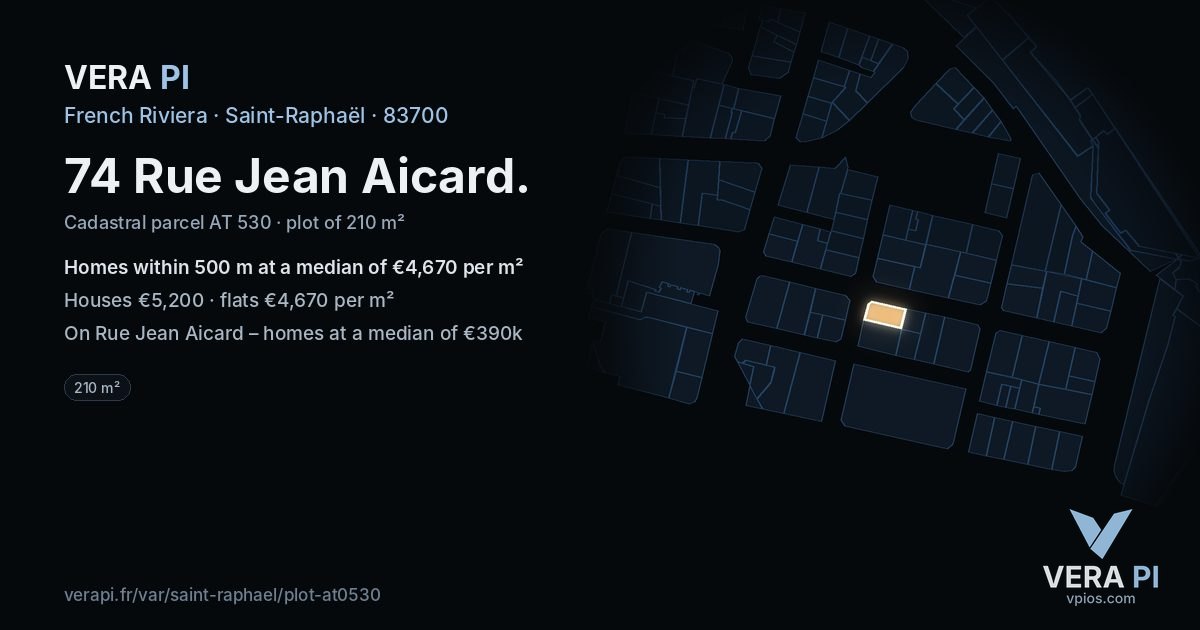 74 Rue Jean Aicard, Saint-Raphaël at night – the plot lit, the parcels around coloured by the prices near them