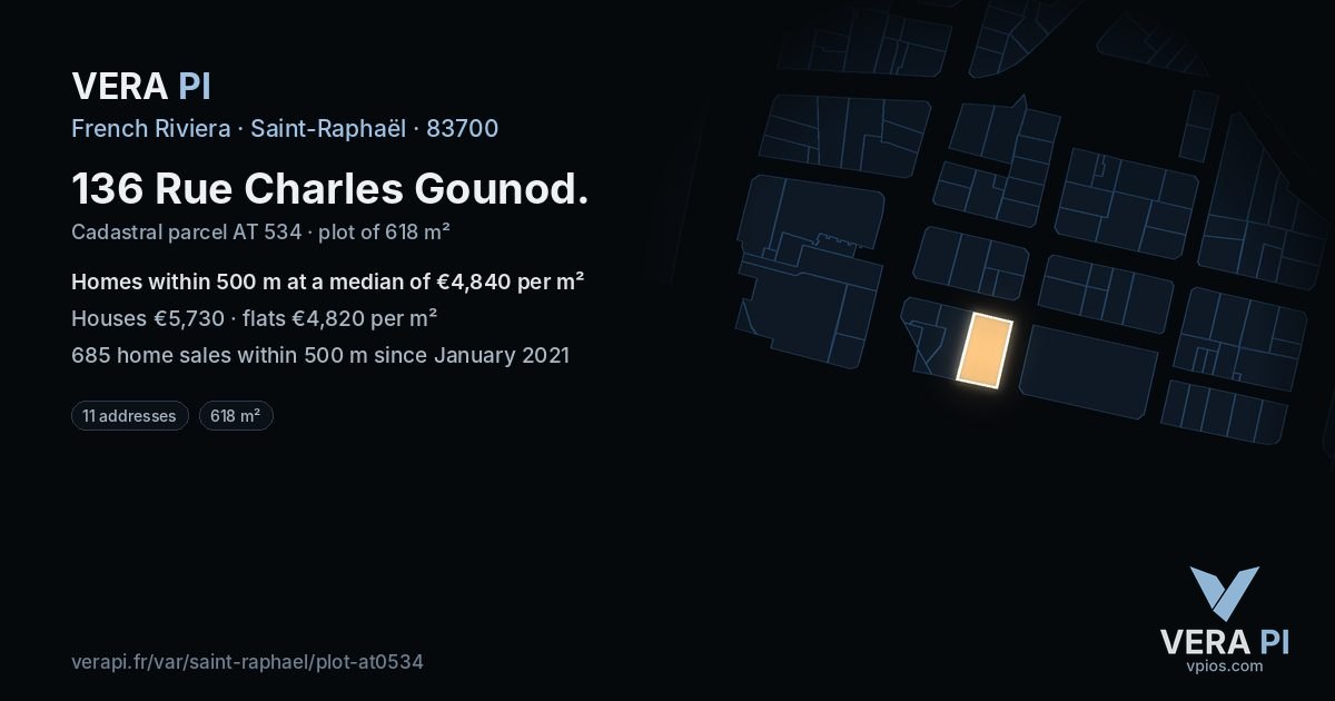 136 Rue Charles Gounod, Saint-Raphaël at night – the plot lit, the parcels around coloured by the prices near them